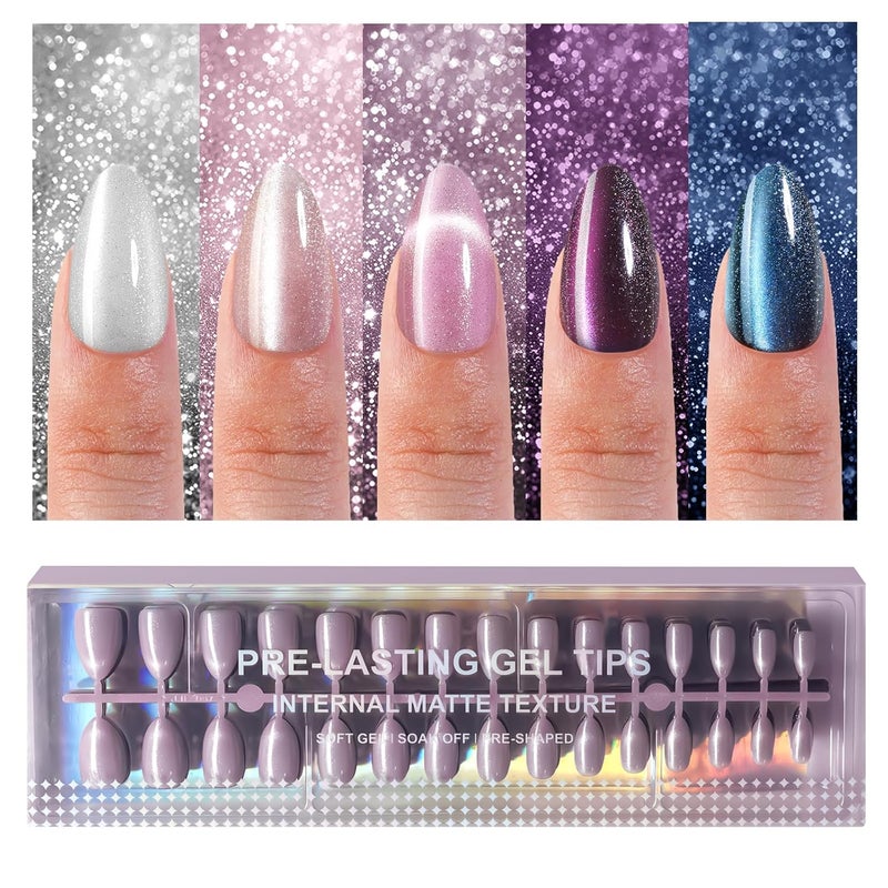 Plauva 150Pcs Cat Eye Press on Nails, Medium Almond Fake Nails, Glossy Glitter Cat Eye Nail Tips, Soft Gel Stick On Nails for Women and Girls 15 Sizes - Image 1